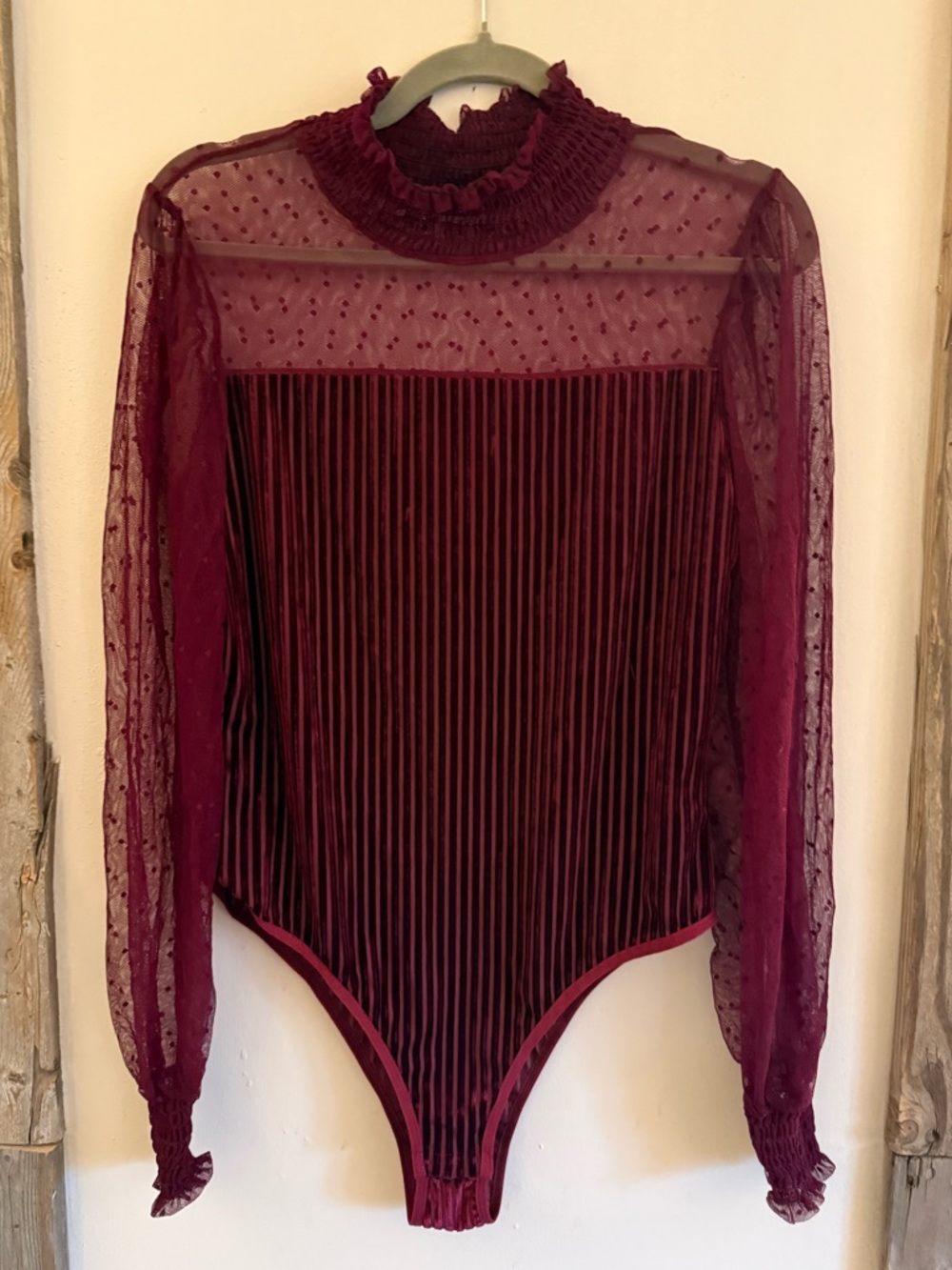 Sheer Velvet Burgundy Long-Sleeve Bodysuit